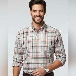 ​Van Heusen Studio Slim Fit XL Plaid Button Down Shirt Grey Orange White